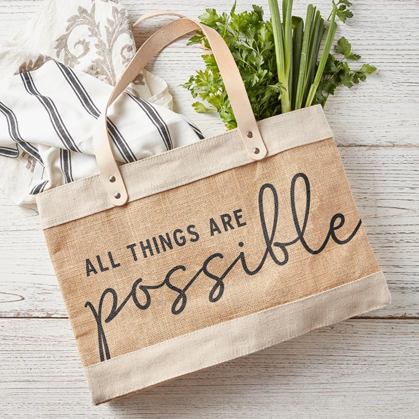 Large Jute Market Tote Bag - ALL THINGS ARE possible - great for the beach, park, pool, Farmer's Market, or Craft Fairs | Versatile Tote with Inside Pocket and Leather Straps | Shown with vegetables and linens | oak7west.com