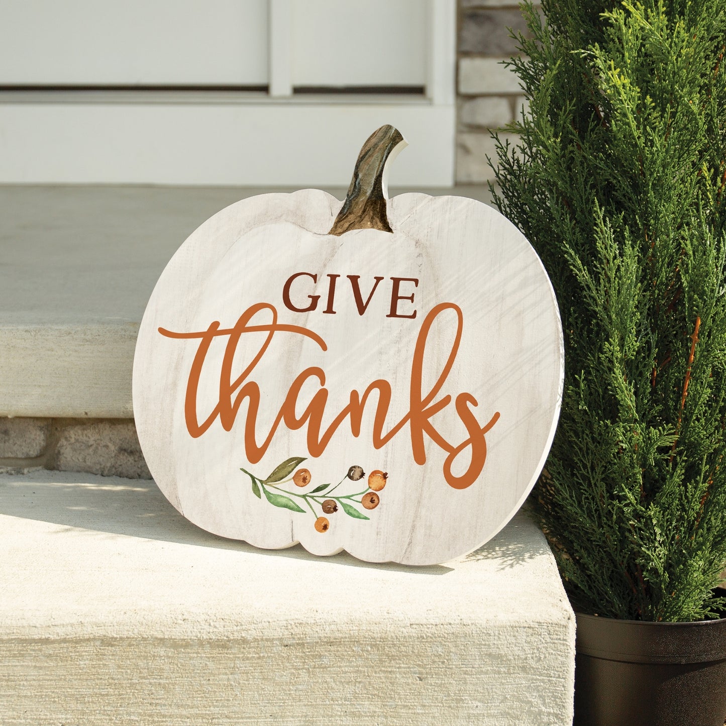 GIVE thanks wood yard sign - Fall Decor - Thanksgiving Decoration shown on cement near plant | oak7west.com