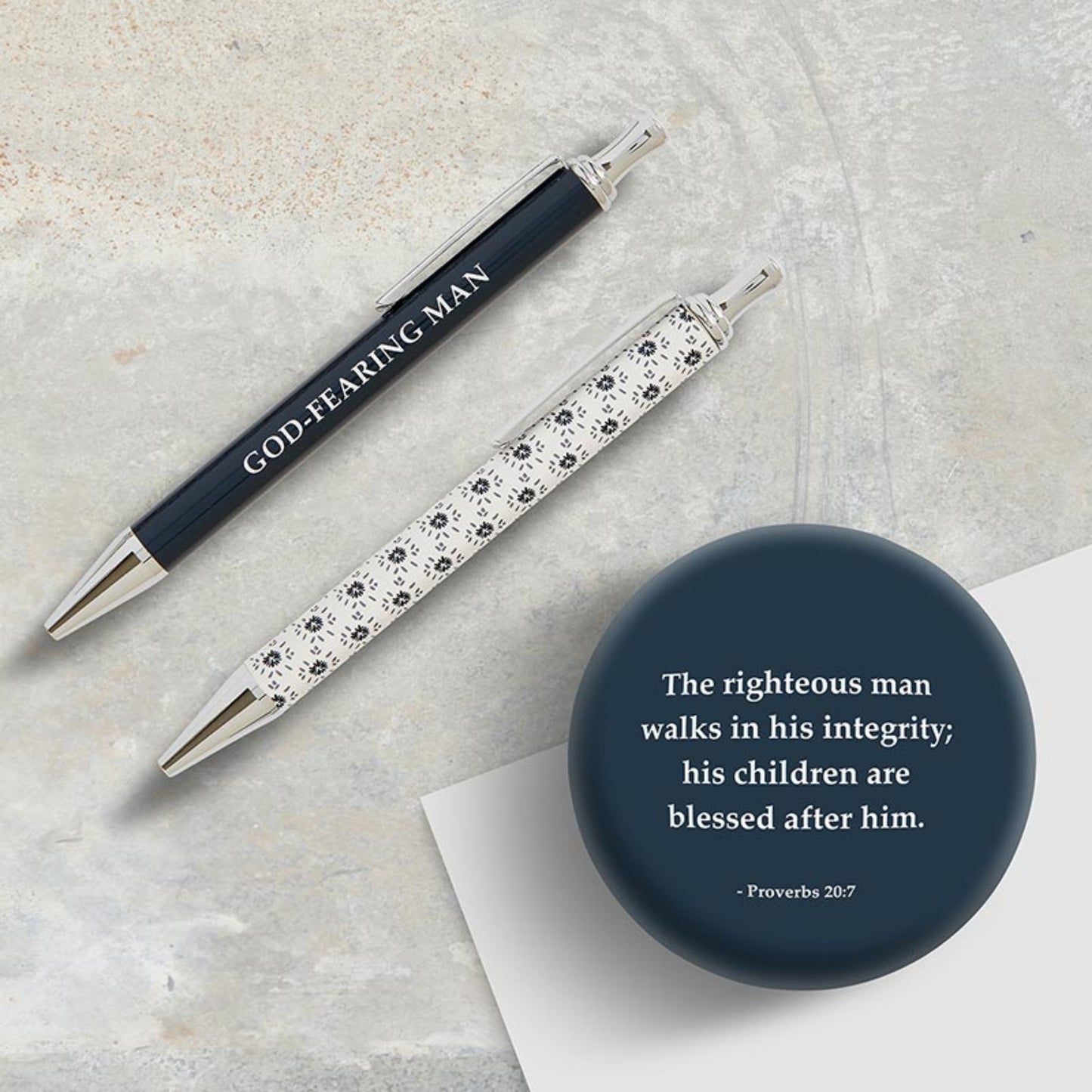 Men's pen set (GOD-FEARING MAN) | Shown with The Righteous Man Glass Dome Paperweight - Gift for Dads - Paperweight reads "The righteous man walks in his integrity; his children are blessed after him. Proverbs 20:7 | oak7west.com