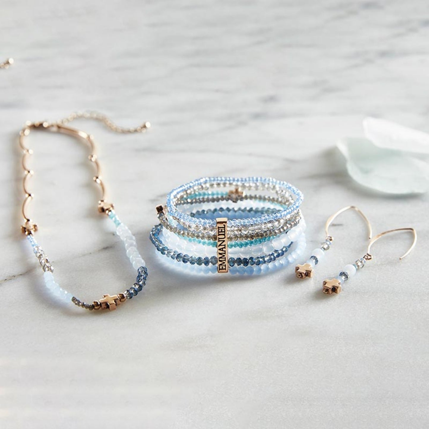 Emmanuel Collection - Dangle Cross Earring Set with Blue Glass Beads shown with matching EMMANUEL 7 strand beaded bracelet and Blue glass bead necklace | oak7west.com