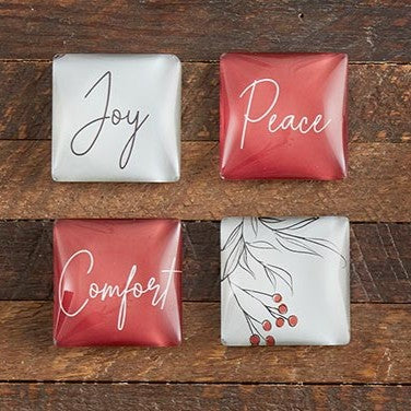 Peace, Comfort, and Joy Glass Christmas Magnets - Set of 4 shown on wood wall | oak7west.com