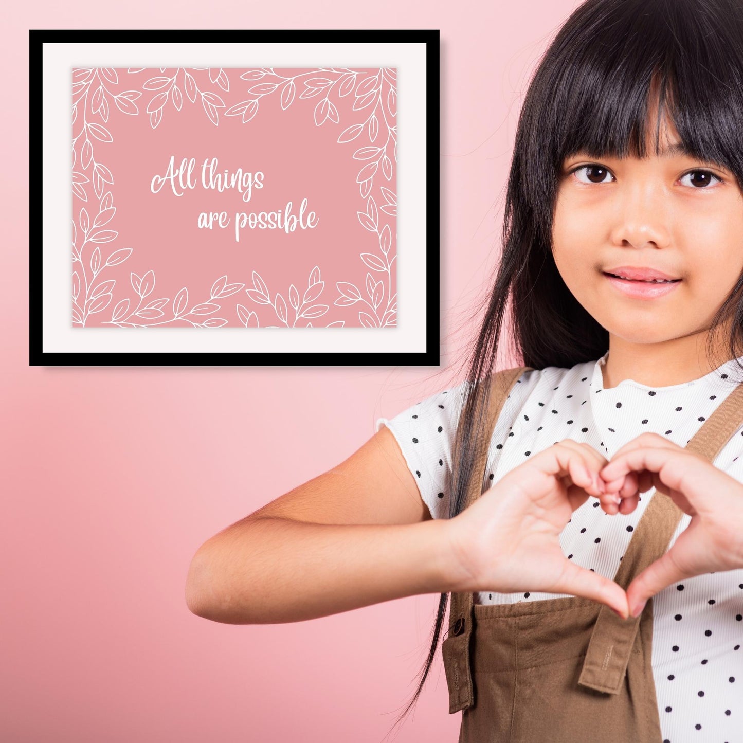 Inspirational Word Art - All things are possible - Leaf Design Wall Decor (10x8 print) choose from 5 colors | Pink shown in frame on pink girl's room wall | oak7west.com