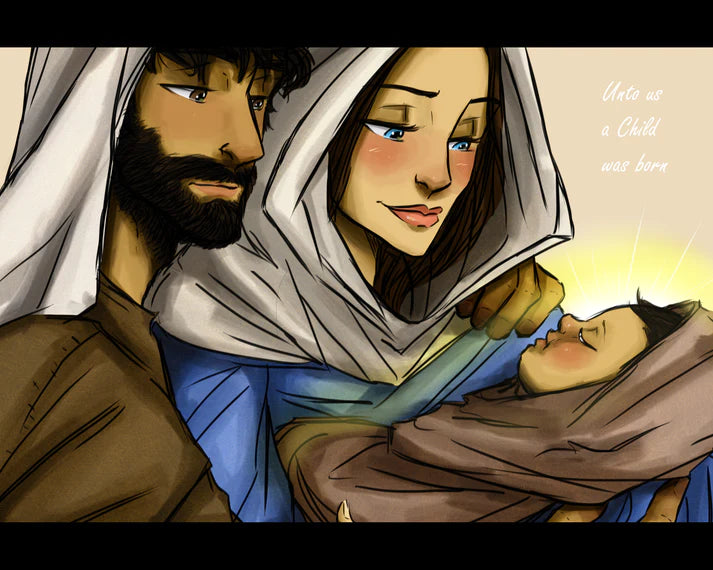 Baby Jesus, Mary, & Joseph Original Art | Inspirational Art Canvas Print | Reads... Unto us a Child was born | art by California artist Megan B | oak7west.com