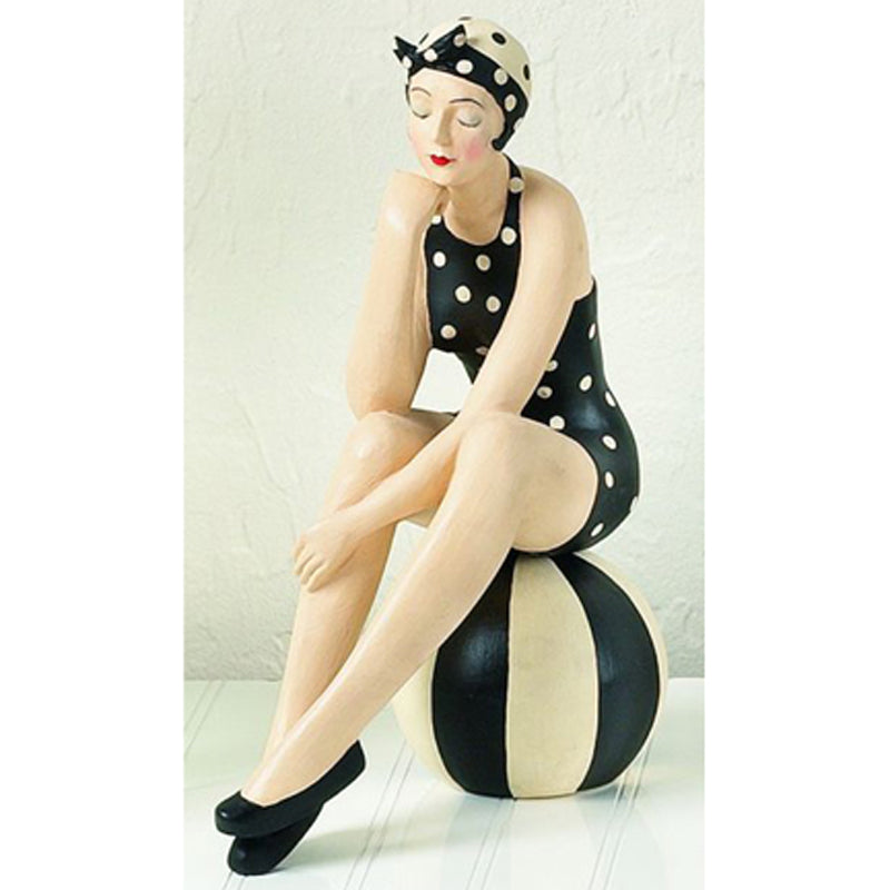 BATHING BEAUTY FIGURINE... Black & White Collectible Bather on Beach Ball | oak7west.com
