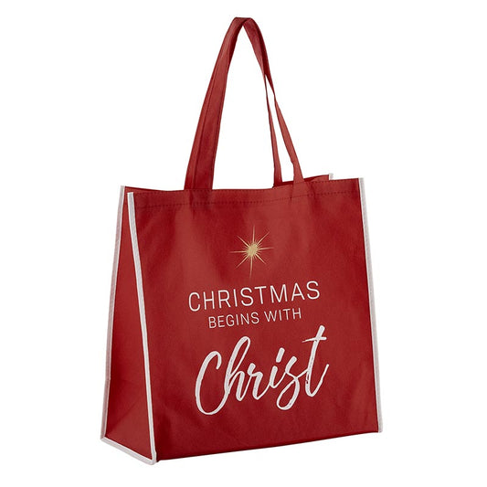 Christmas Begins with Christ Red Tote Bag - Holiday Gift Bag - Reusable Shopping Bag | oak7west.com