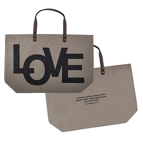 Extra Large Jute Tote Bag - LOVE | It always protects, always trusts, always hopes, always perseveres. Love never fails. 1 Corinthians 13:7-8 | Inspirational Tote | oak7west.com