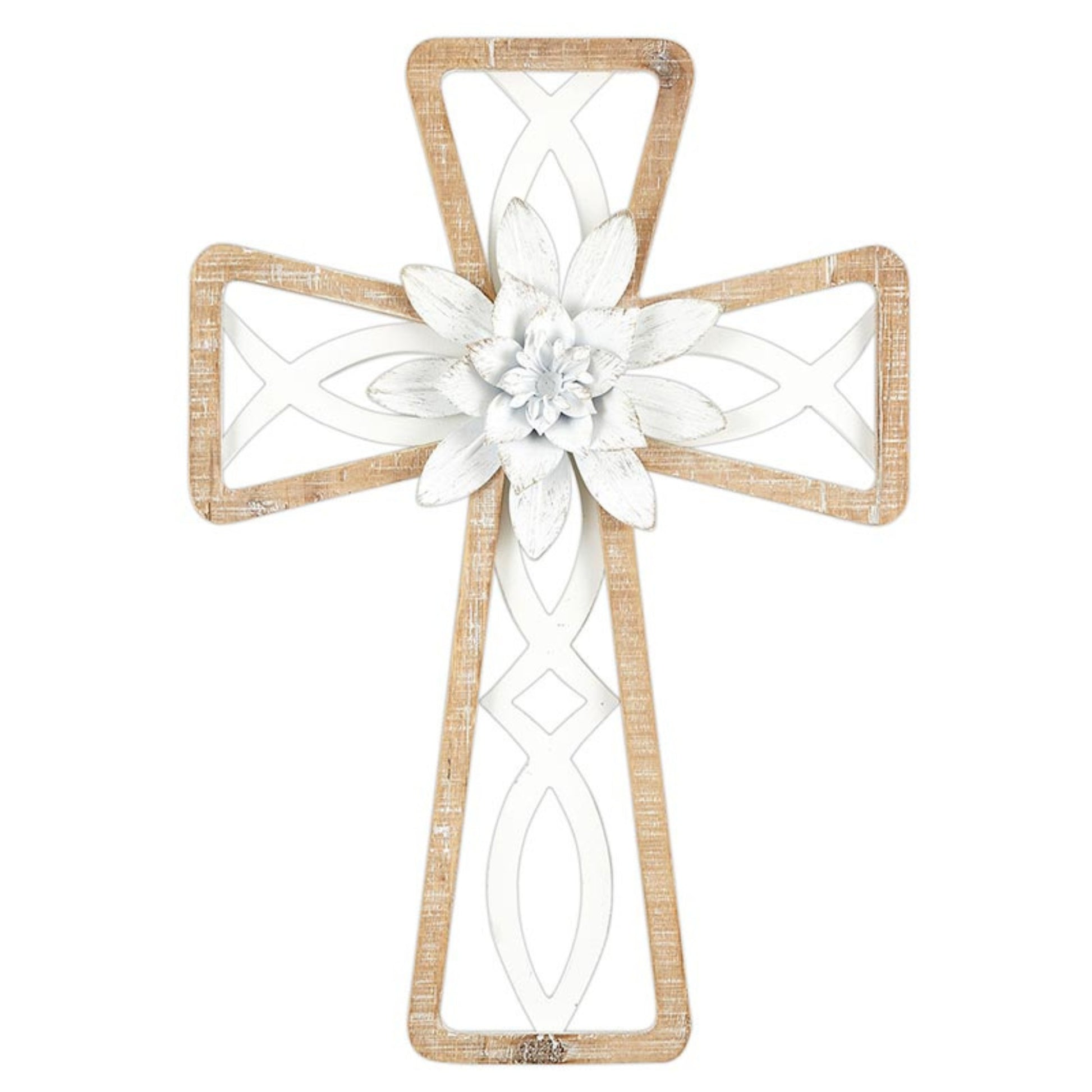 Wood Framed Icthus (Ichthys) Cross - Fir and Metal Wall Cross with Metal Flower (14"H) | oak7west.com