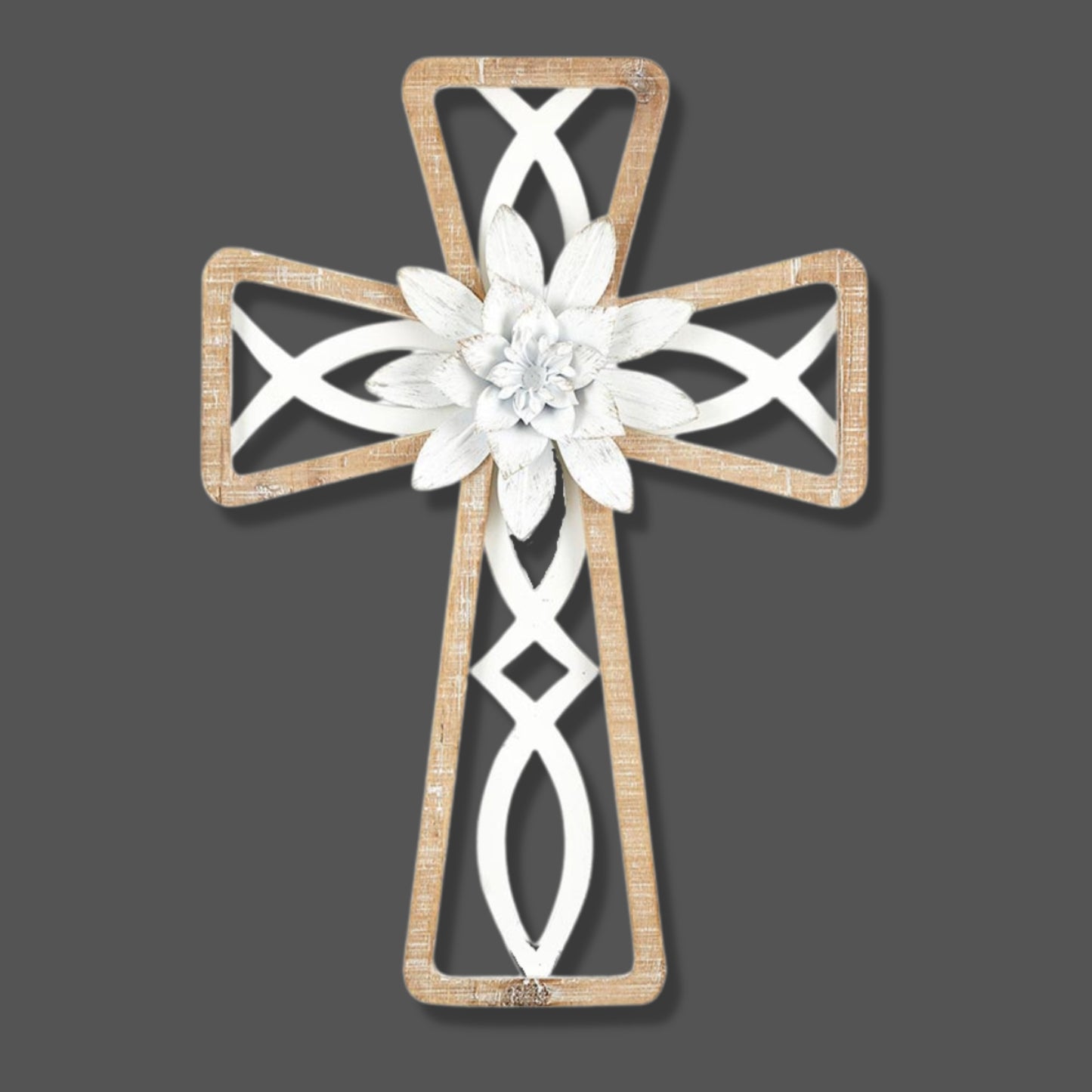 Wood Framed Icthus (Ichthys) Cross - Fir and Metal Wall Cross with Metal Flower (14"H) shown on dark wall | oak7west.com