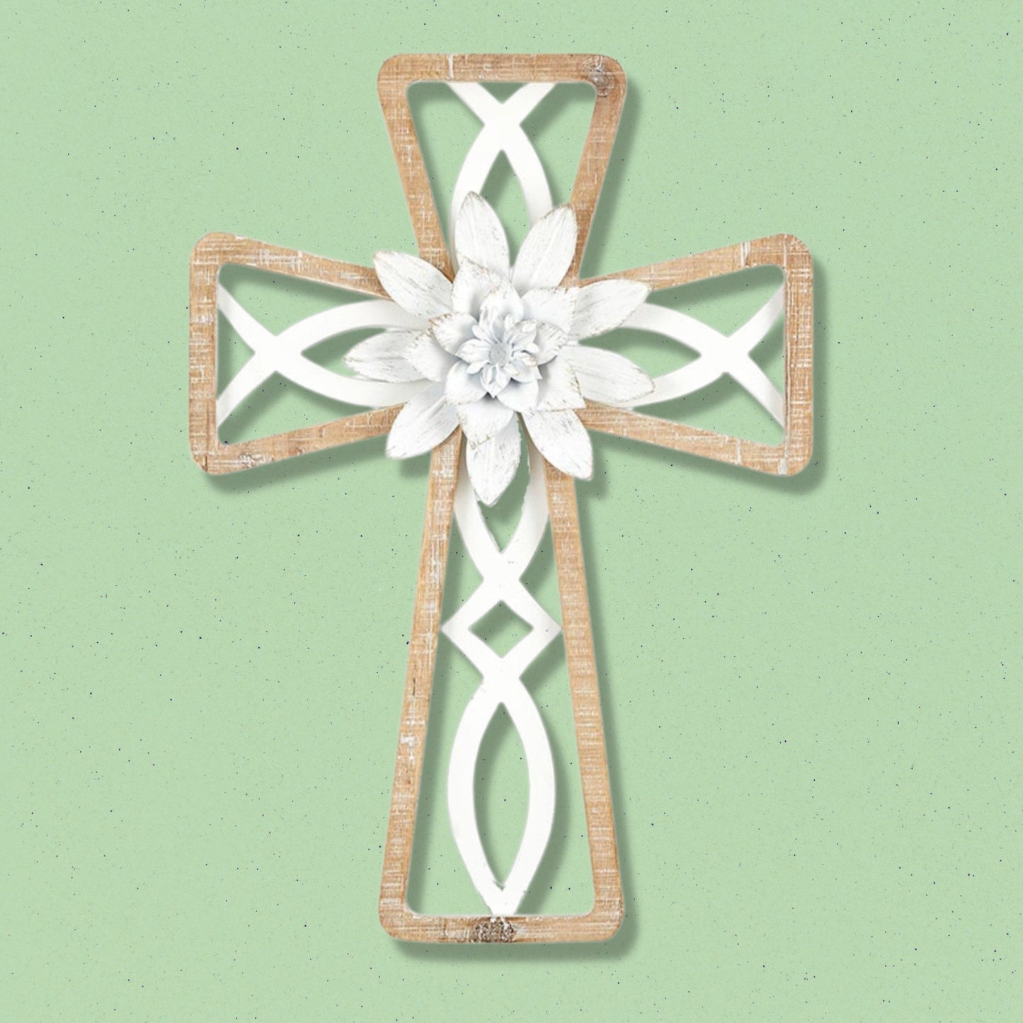 Wood Framed Icthus (Ichthys) Cross - Fir and Metal Wall Cross with Metal Flower (14"H) shown on pistachio green wall | oak7west.com