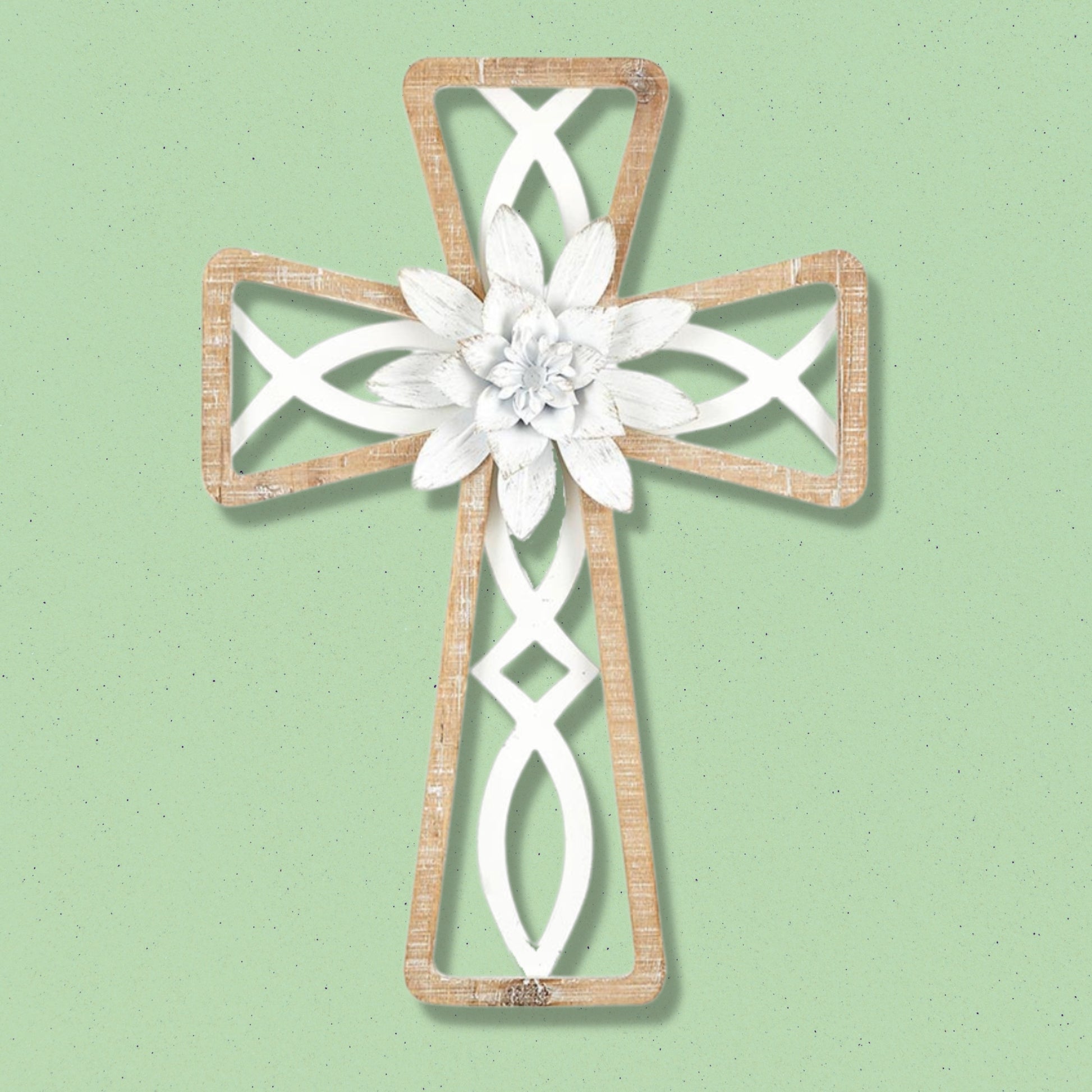 Wood Framed Icthus (Ichthys) Cross - Fir and Metal Wall Cross with Metal Flower (14"H) shown on pistachio green wall | oak7west.com