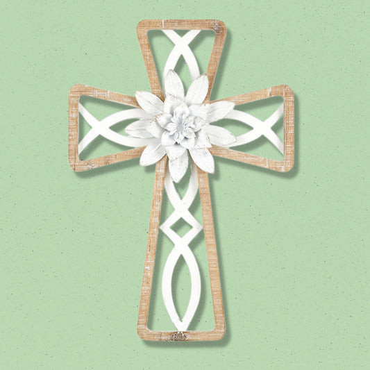 Wood Framed Icthus (Ichthys) Cross - Fir and Metal Wall Cross with Metal Flower (14"H) shown on pistachio green wall | oak7west.com