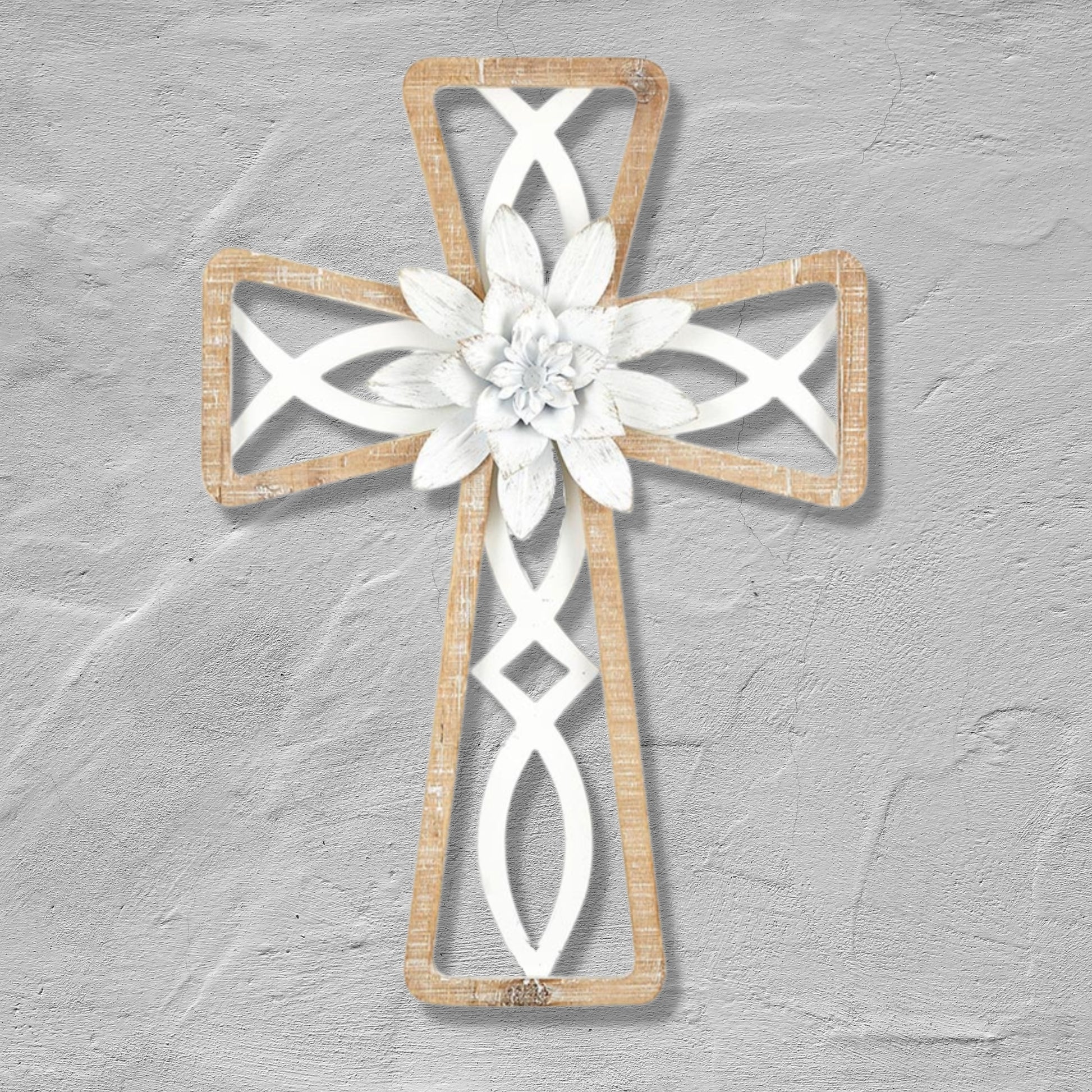 Wood Framed Icthus (Ichthys) Cross - Fir and Metal Wall Cross with Metal Flower (14"H) shown on neutral stucco wall | oak7west.com