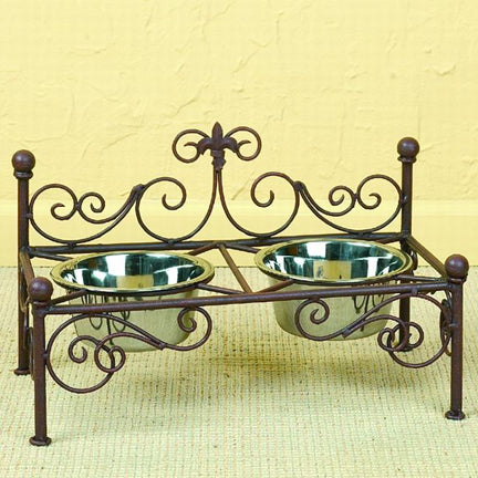 Iron Pet Feeder in Antique Brown with Fleur de Lis Accent - Decorative Iron Pet Decor | oak7west.com