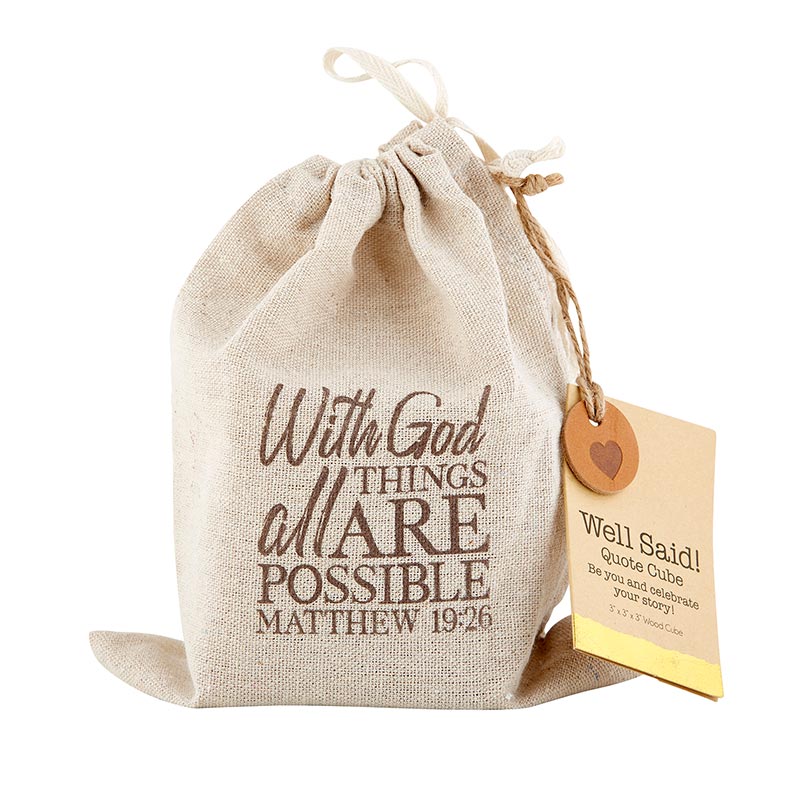Inspirational Quote Cube - With God all things are possible - Matthew 19:26 and 5 other Inspirational Quotes | drawstring gift bag | oak7west.com
