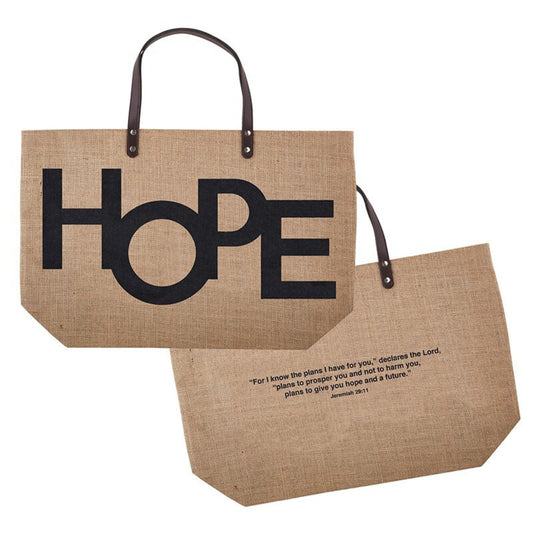 Extra Large Jute Tote Bag - Features the word "HOPE" on the front and the bible verse "For I know the plans I have for you," declares the Lord, "plans to prosper you and not to harm you, plans to give you hope and a future." Jeremiah 29:11 on the back