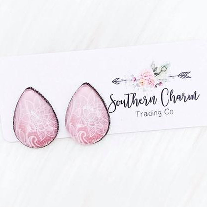 Pink Lace Flower Teardrop Earrings | oak7west.com