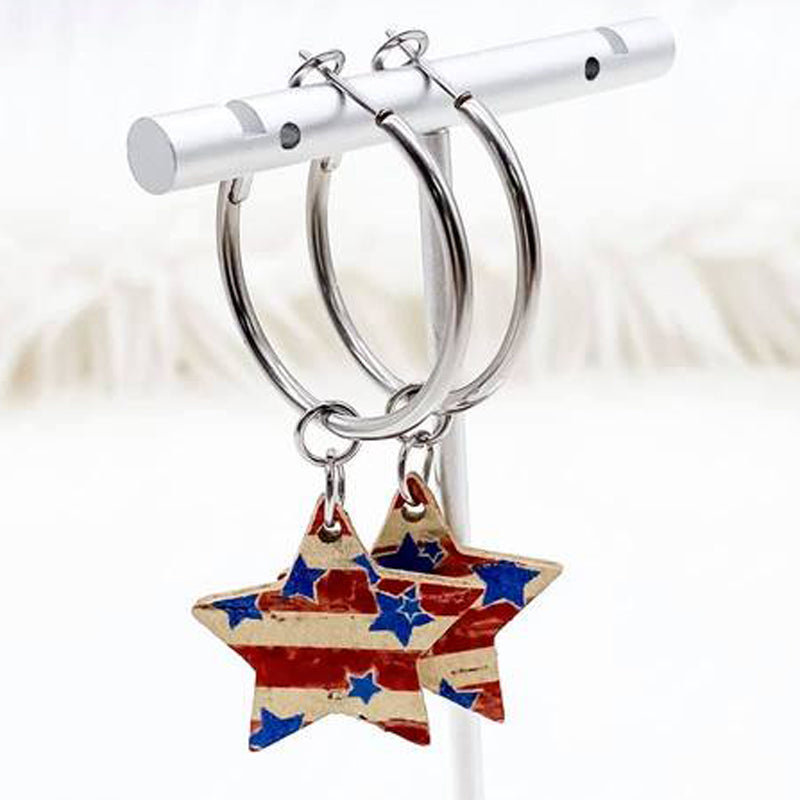 Stars and Stripes Leather Dangle Hoop Earrings | oak7west.com