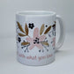 Surround yourself with what you love coffee mug (exclusive design) | lovely crisp white with a floral print in pinks, tans, and navy blue, finished off with the words "Surround yourself with what you love" in a fun pink font | 11 ounce coffee cup | oak7west.com