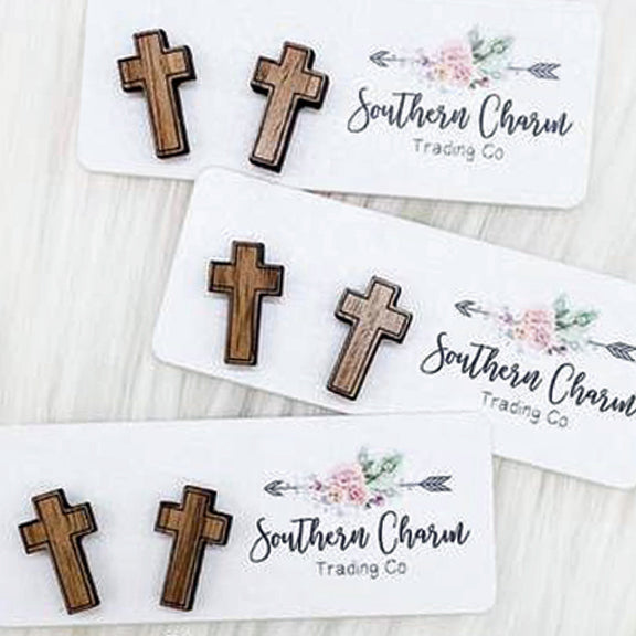 Wooden Cross Stud Earrings (1 pair)