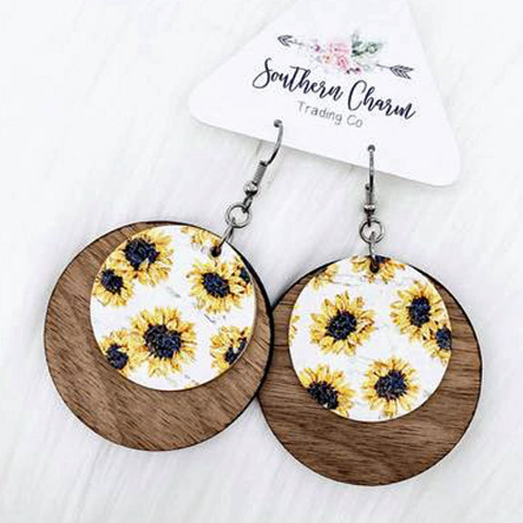 Sunflowers and Wood Dangle Earrings