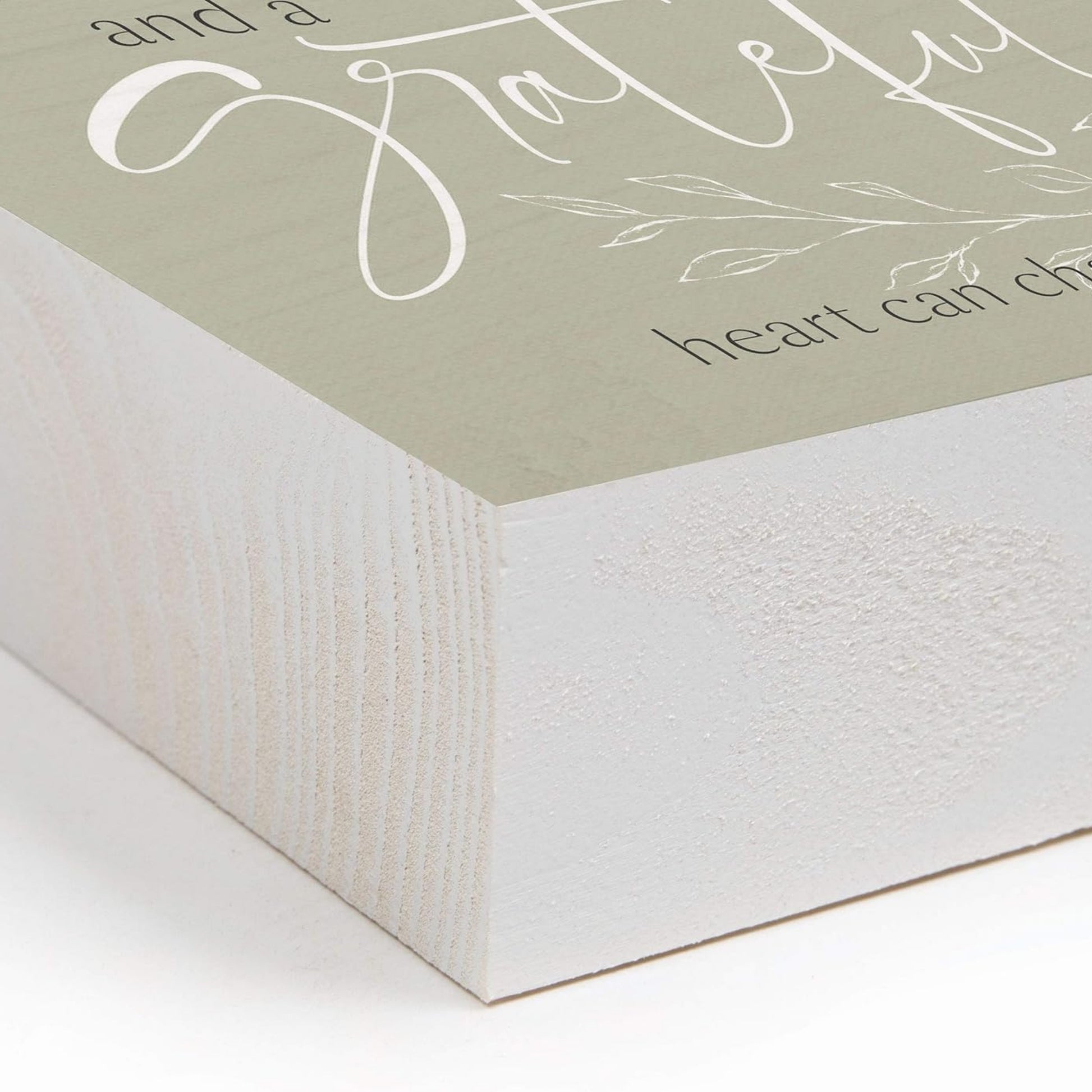 Corner edge shown - Positive thoughts and a grateful heart can change your life - Inspirational Word Wood Block | distressed sage and white | oak7west.com