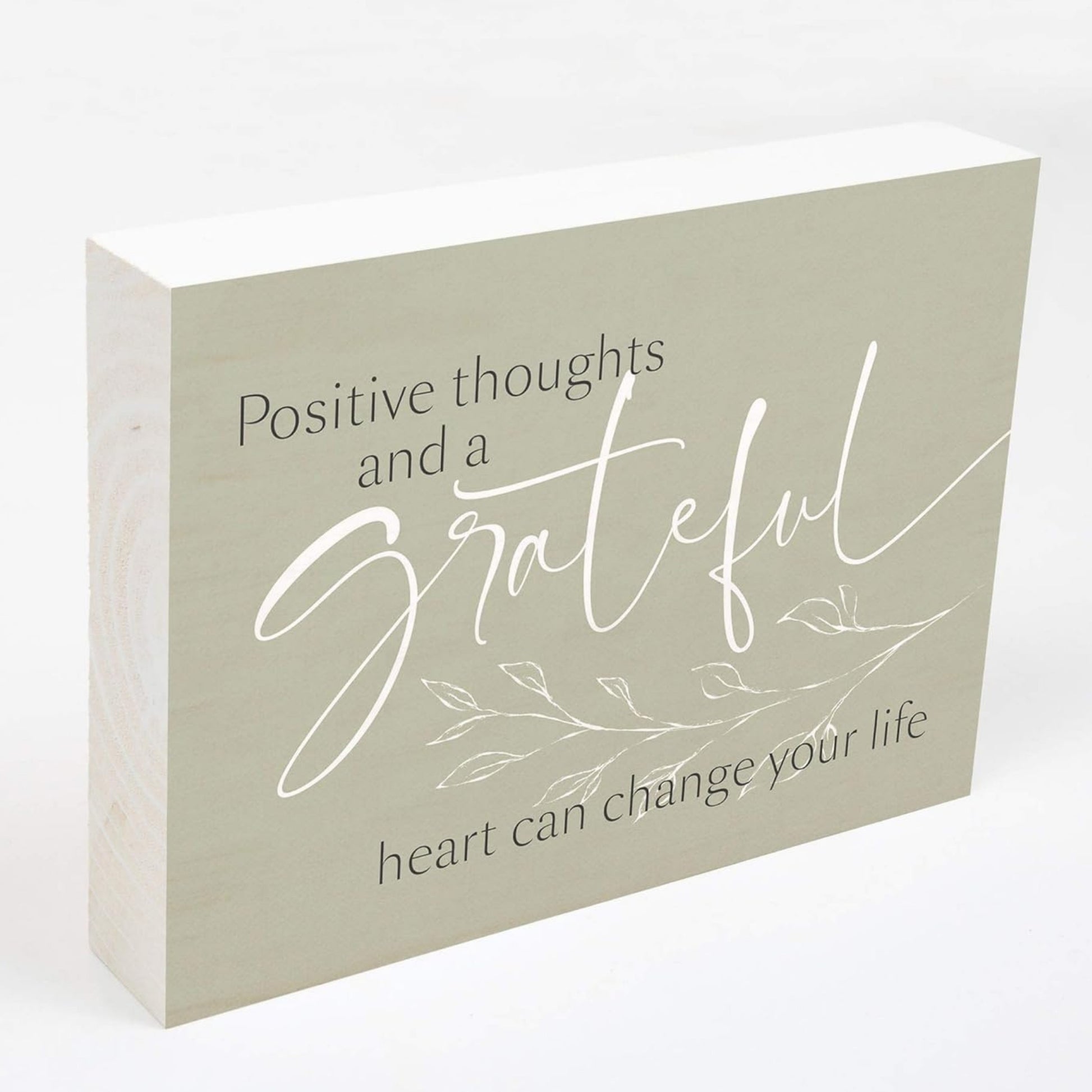 Positive thoughts and a grateful heart can change your life - Inspirational Word Wood Block in distressed sage and white wood | oak7west.com