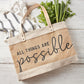 Large Jute Market Tote Bag - ALL THINGS ARE possible - great for the beach, park, pool, Farmer's Market, or Craft Fairs | Versatile Tote with Inside Pocket and Leather Straps | Shown with vegetables and linens | oak7west.com