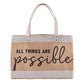 Large Jute Market Tote Bag - ALL THINGS ARE possible - great for the beach, park, pool, Farmer's Market, or Craft Fairs | Versatile Tote with Inside Pocket and Leather Straps | oak7west.com
