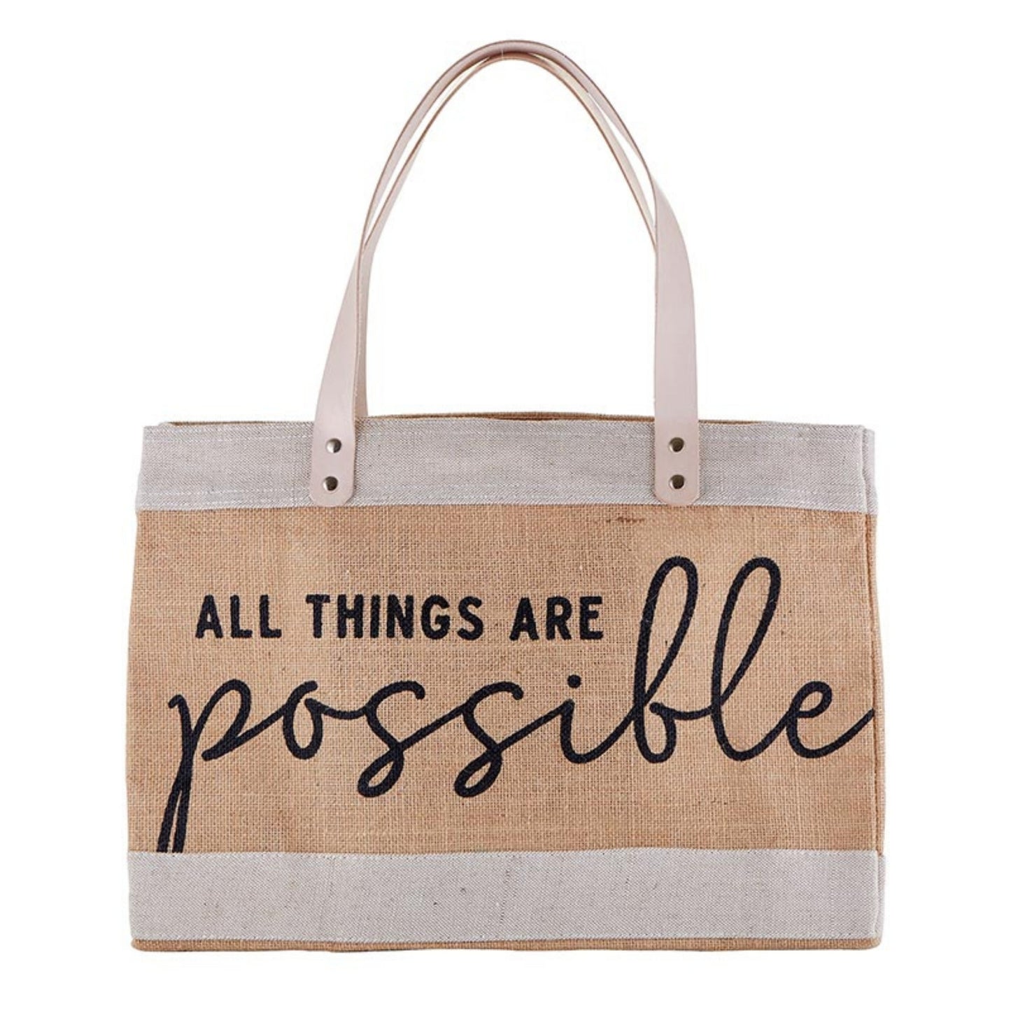 Large Jute Market Tote Bag - ALL THINGS ARE possible - great for the beach, park, pool, Farmer's Market, or Craft Fairs | Versatile Tote with Inside Pocket and Leather Straps | oak7west.com