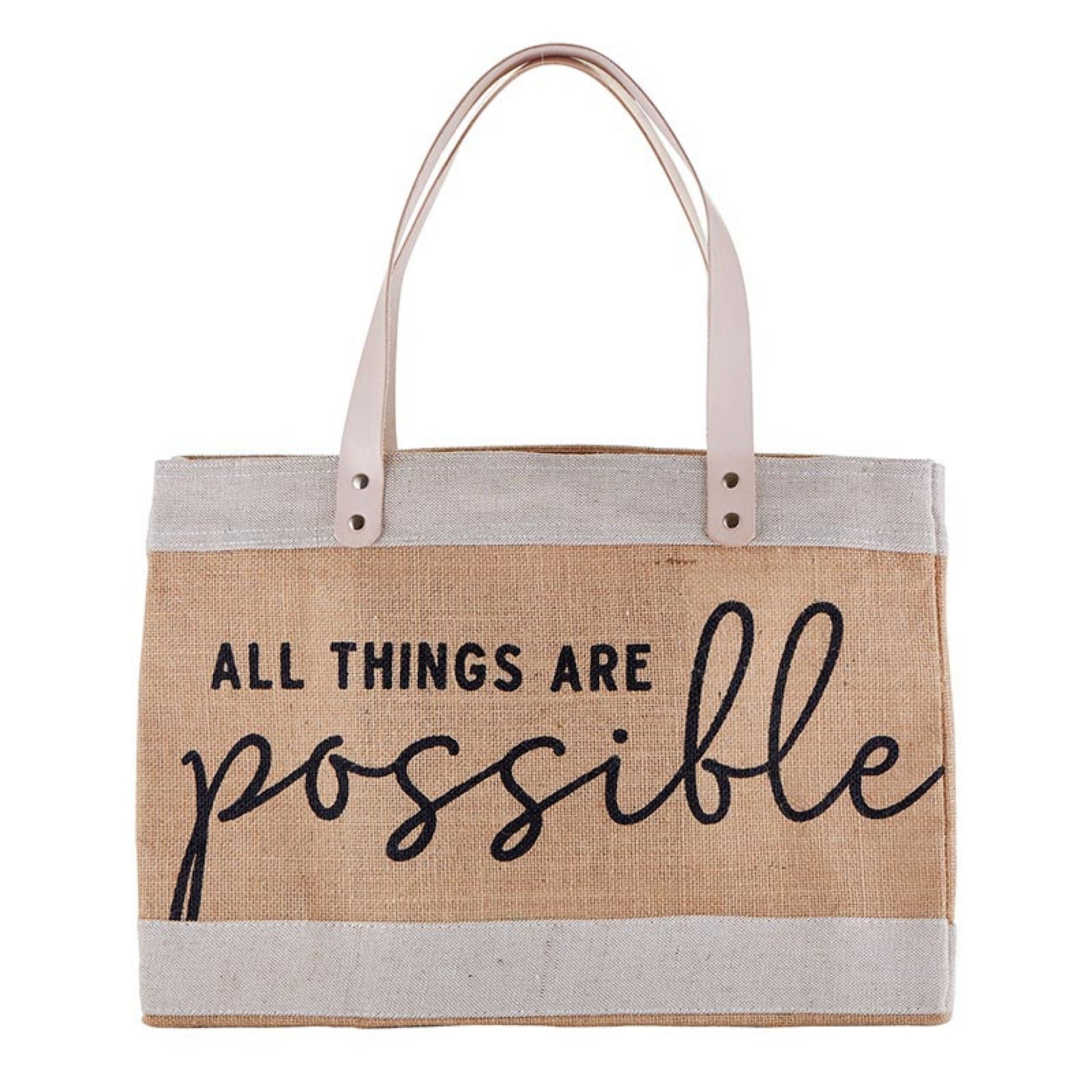 Large Jute Market Tote Bag - ALL THINGS ARE possible - great for the beach, park, pool, Farmer's Market, or Craft Fairs | Versatile Tote with Inside Pocket and Leather Straps | oak7west.com