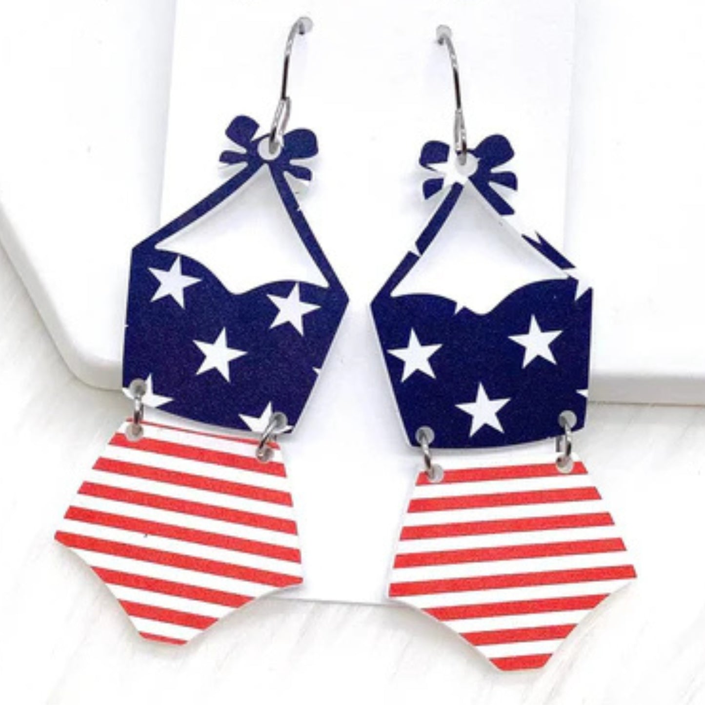 Americana Dangle Earrings - Patriotic Red, White, & Blue Tankini Design - Stars and Stripes | oak7west.com