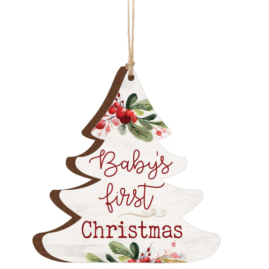 Decorative Christmas tree ornament with 'Baby's first Christmas' text and floral design on a white background. | oak7west.com