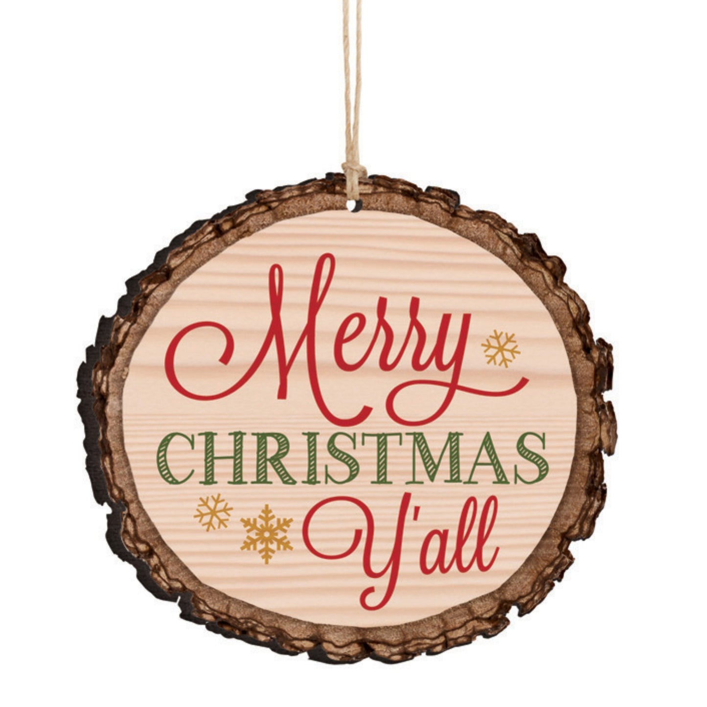 Wood-like Christmas ornament with 'Merry Christmas Y'all' text on a white background | oak7west.com