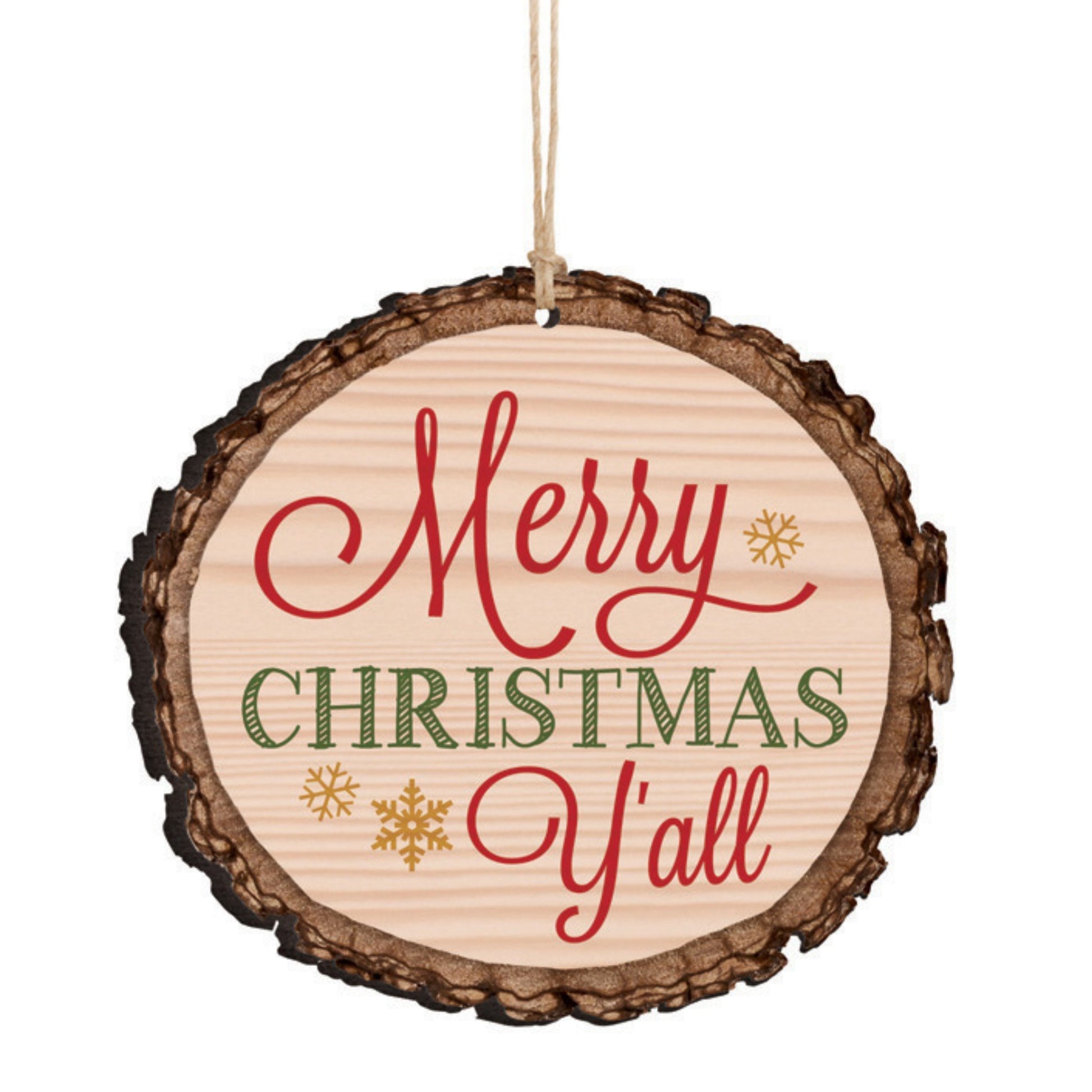 Wood-like Christmas ornament with 'Merry Christmas Y'all' text on a white background | oak7west.com
