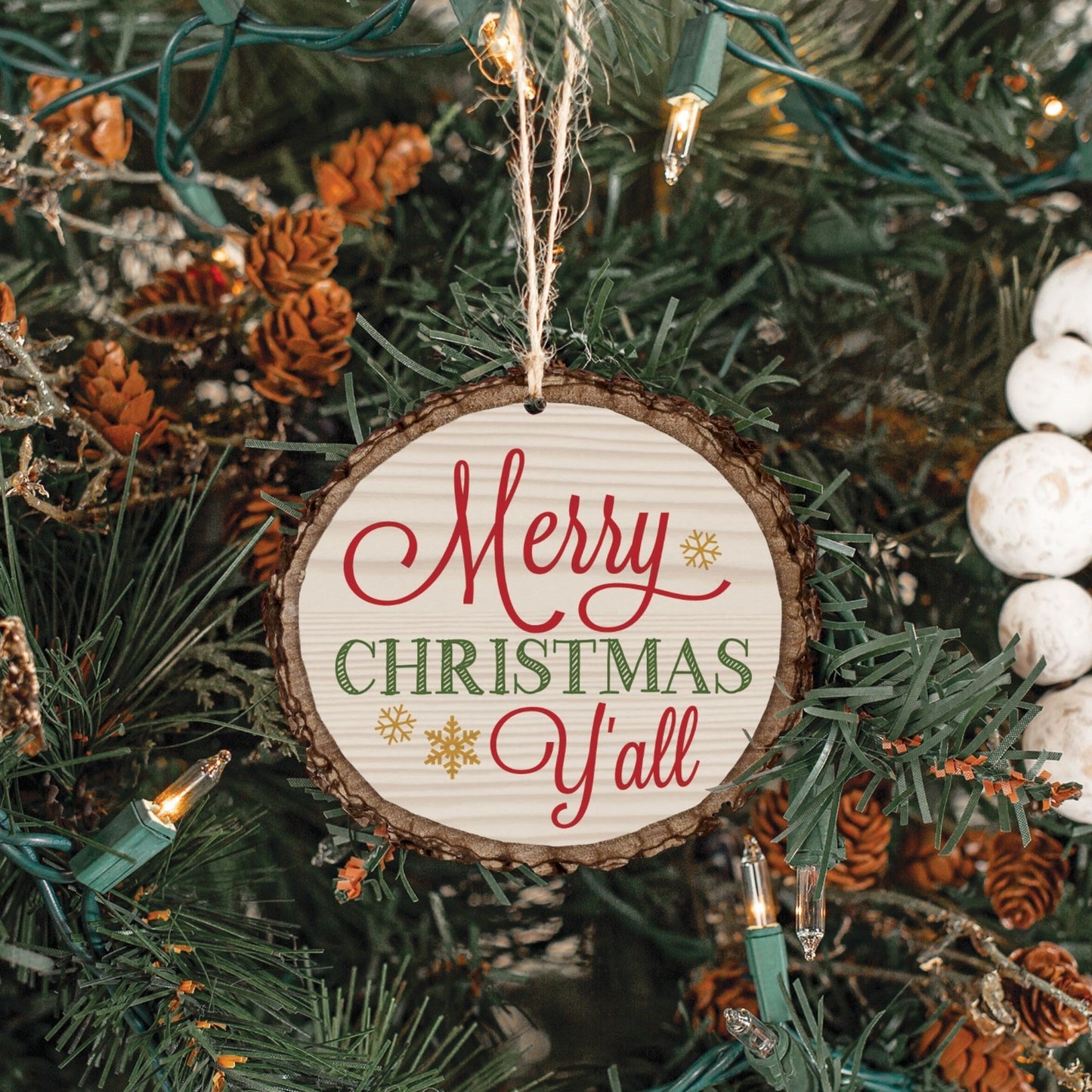 Merry Christmas Y'all Bark-like Christmas Ornament on Woodland Christmas Tree | oak7west.com