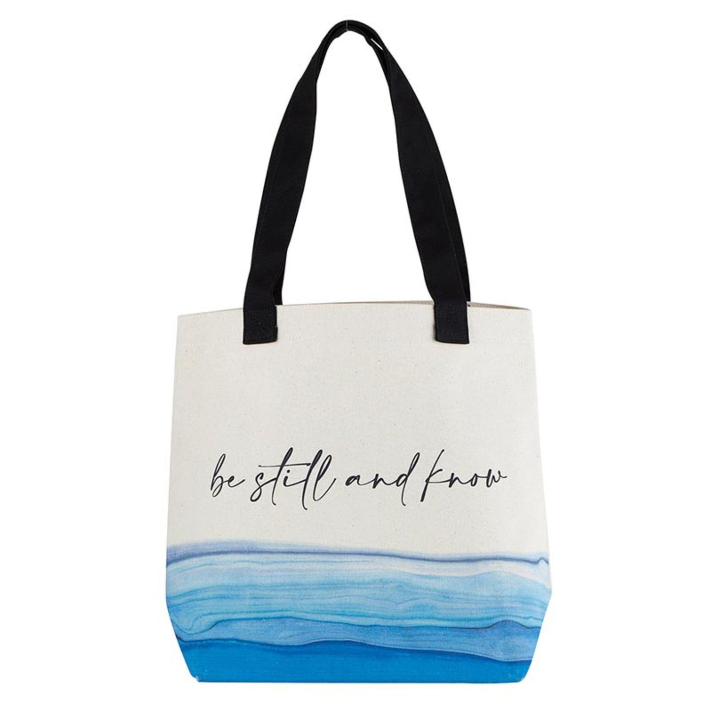 Canvas Tote Bag - Be Still and Know with calming blue wave design and black durable canvas straps | inside zippered pocket | oak7west.com