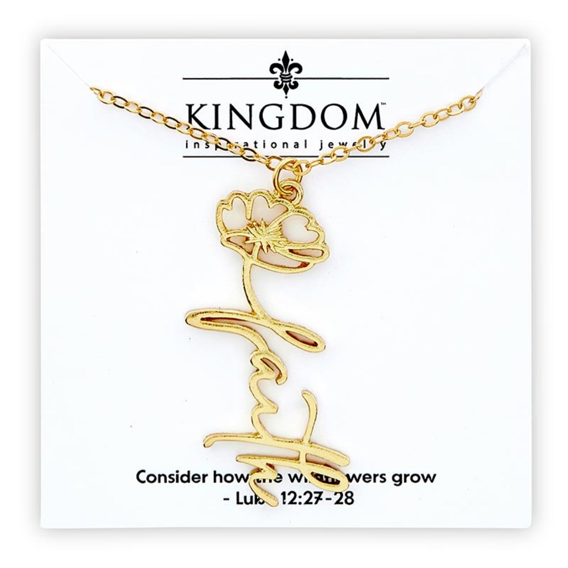 Gold plated necklace with a floral design and the word faith as the stem on a white card with 'Kingdom International Jewelry'. Consider how the wildflowers grow - Luke 12:27-28 | oak7west.com 