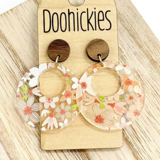 Fall Floral Coral Dangle Earrings - Acrylic & Wood Circle Dangles - Made in the USA | oak7west.com