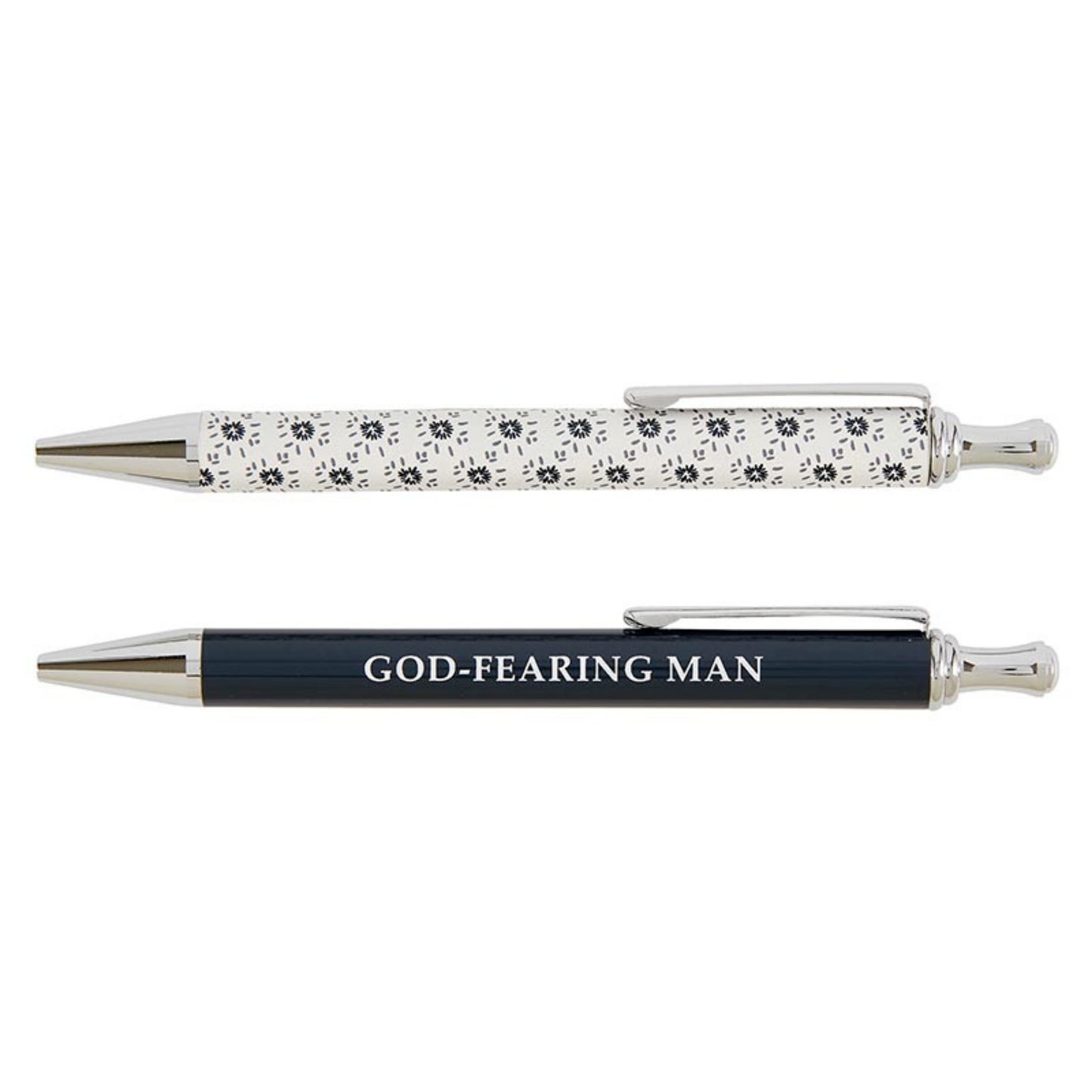 Two pens with decorative patterns on a white background one reads GOD-FEARING MAN | Father's Day Gift | oak7west.com
