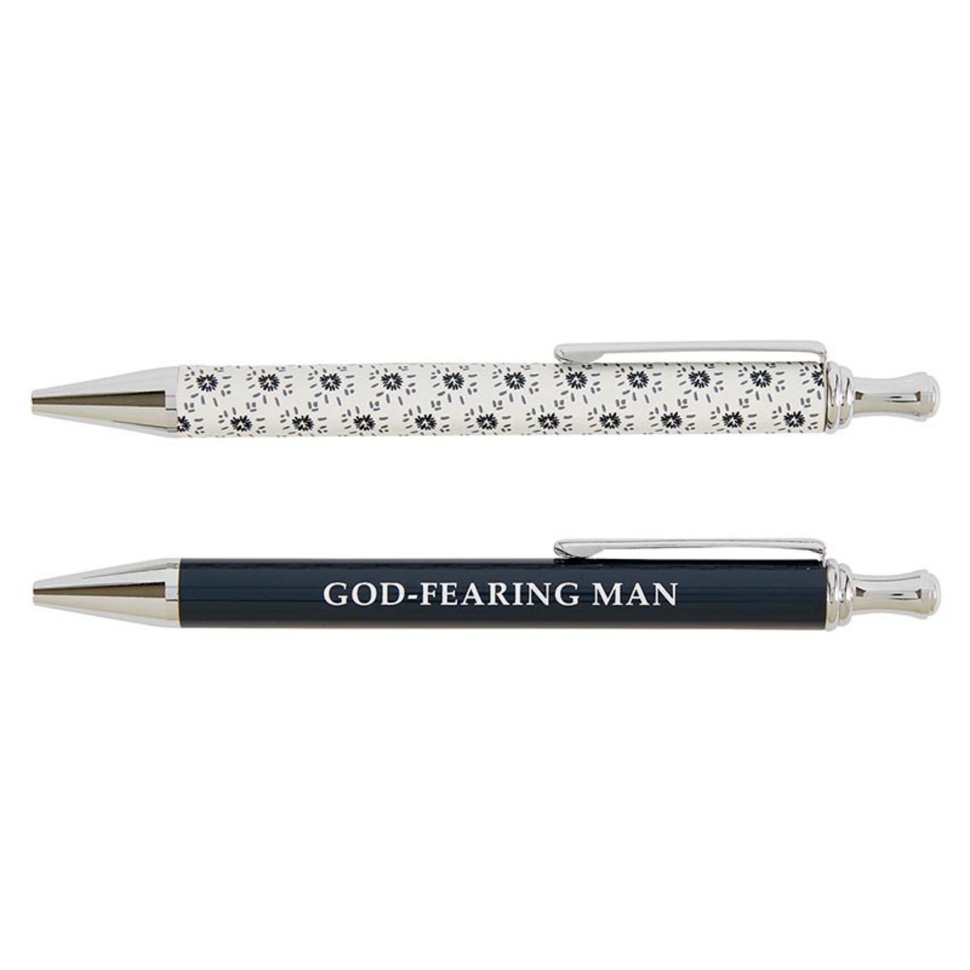 Two pens with decorative patterns on a white background one reads GOD-FEARING MAN | Father's Day Gift | oak7west.com