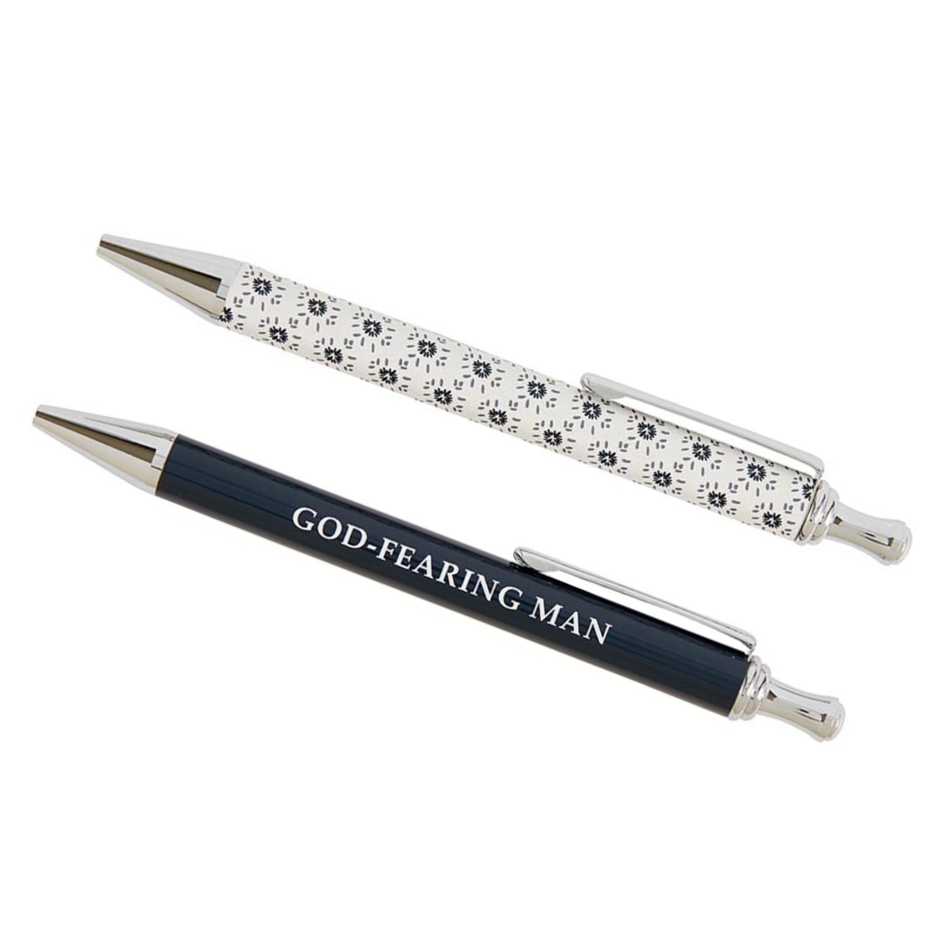 Two pens with decorative and plain designs, one reading GOD-FEARING MAN, on a white background | gIft for men | oak7west.com