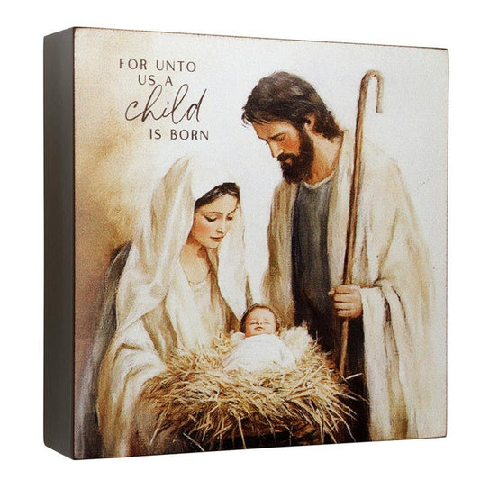 Holy Family Artwork, FOR UNTO US A child IS BORN - Baby Jesus, Mary, & Joseph Wood Block Art | oak7west.com