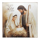 Nativity scene with Mary, Joseph, and baby Jesus, featuring the text 'For unto us a child is born'. | wood block home accent | oak7west.com