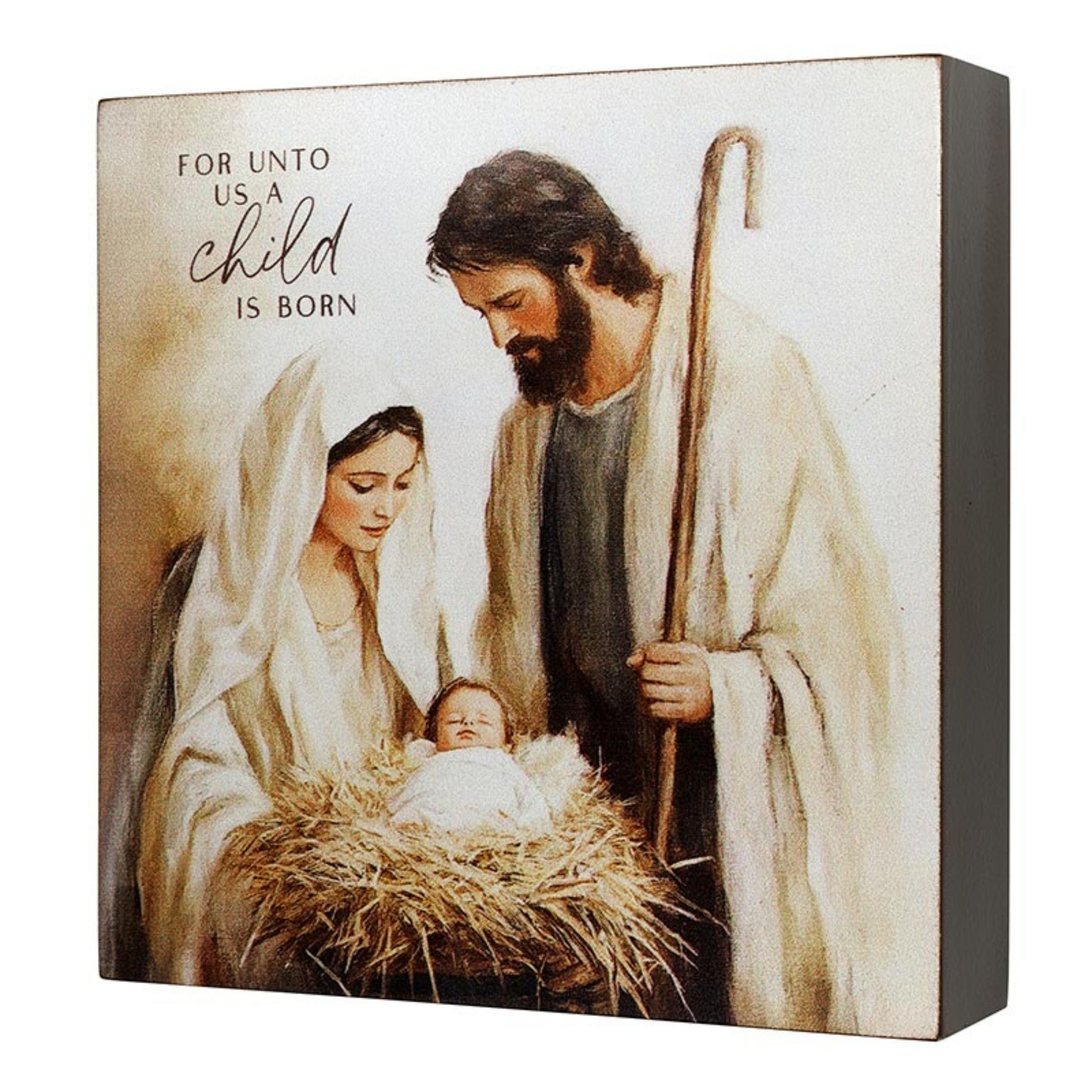 Holy Family Artwork, FOR UNTO US A child IS BORN - Baby Jesus, Mary, & Joseph Wood Block Art - Nativity Christmas Decor | oak7west.com