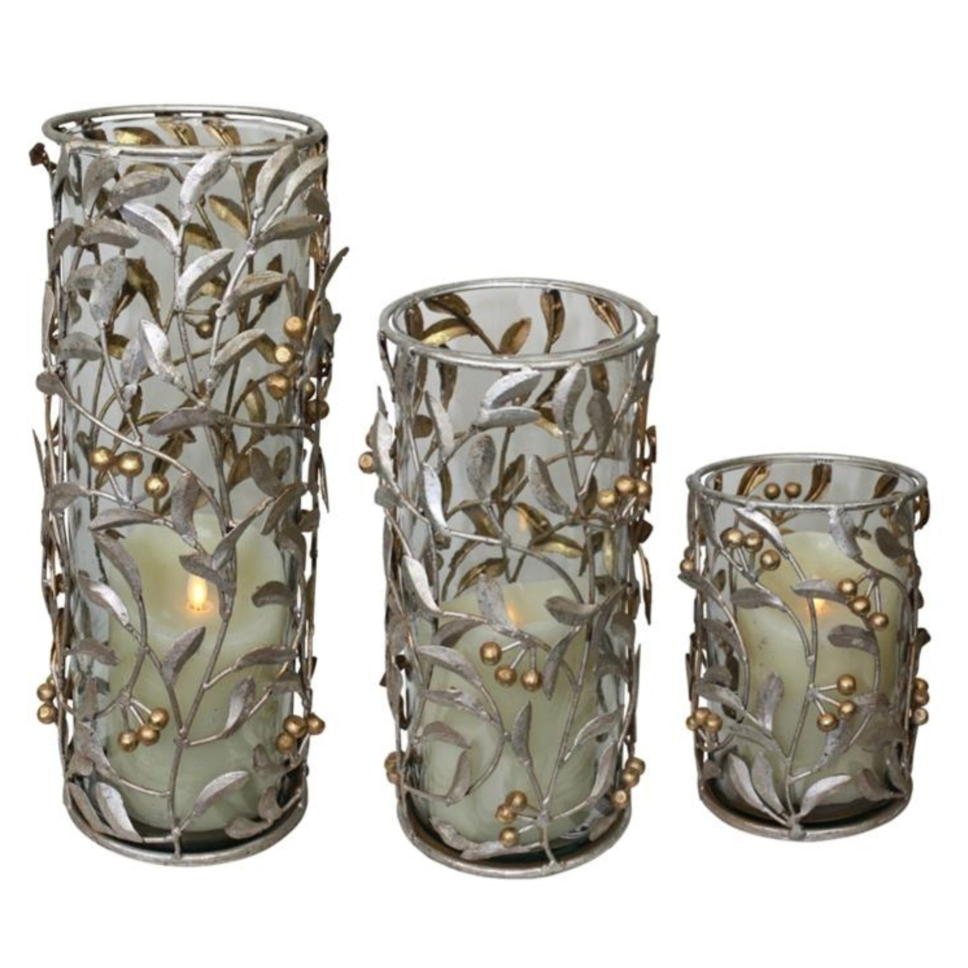 Set of three decorative candle holders with leaf and berry design on a white background | oak7west.com
