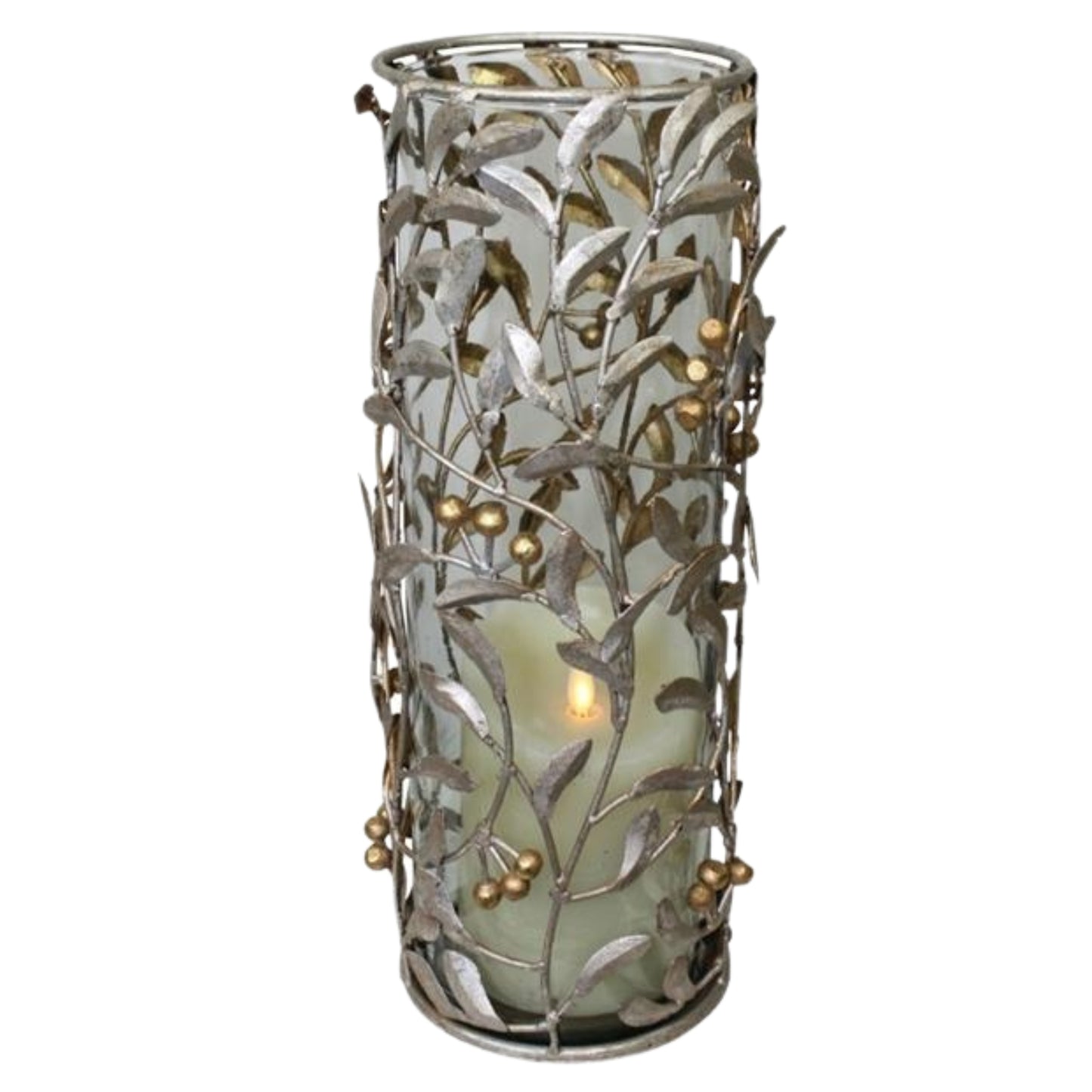 Leaf & Berry Accented Silver and Gold Iron & Glass Hurricane Candle Holder | Decorative candle holder with leaf pattern on a white background | oak7west.com