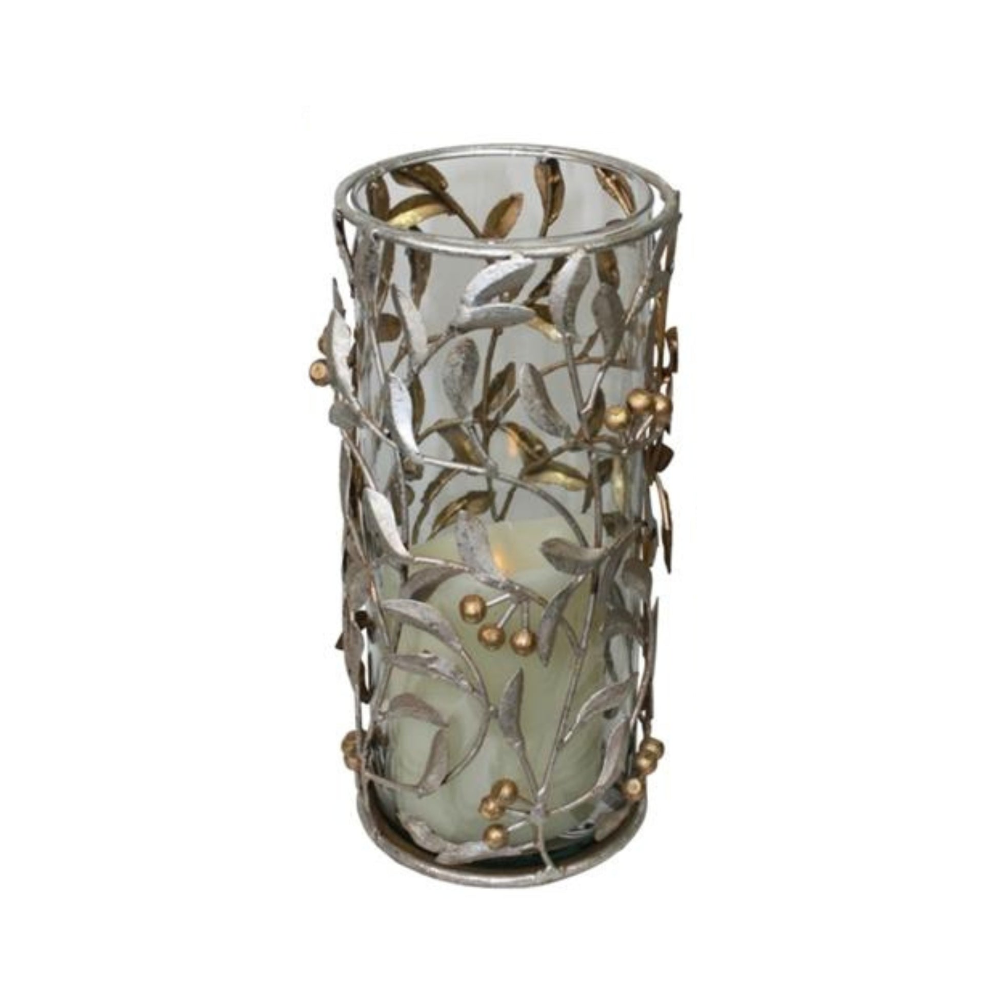 Leaf & Berry Accented Silver and Gold Iron & Glass Hurricane Candle Holders - 3 Sizes to Choose From | oak7west.com
