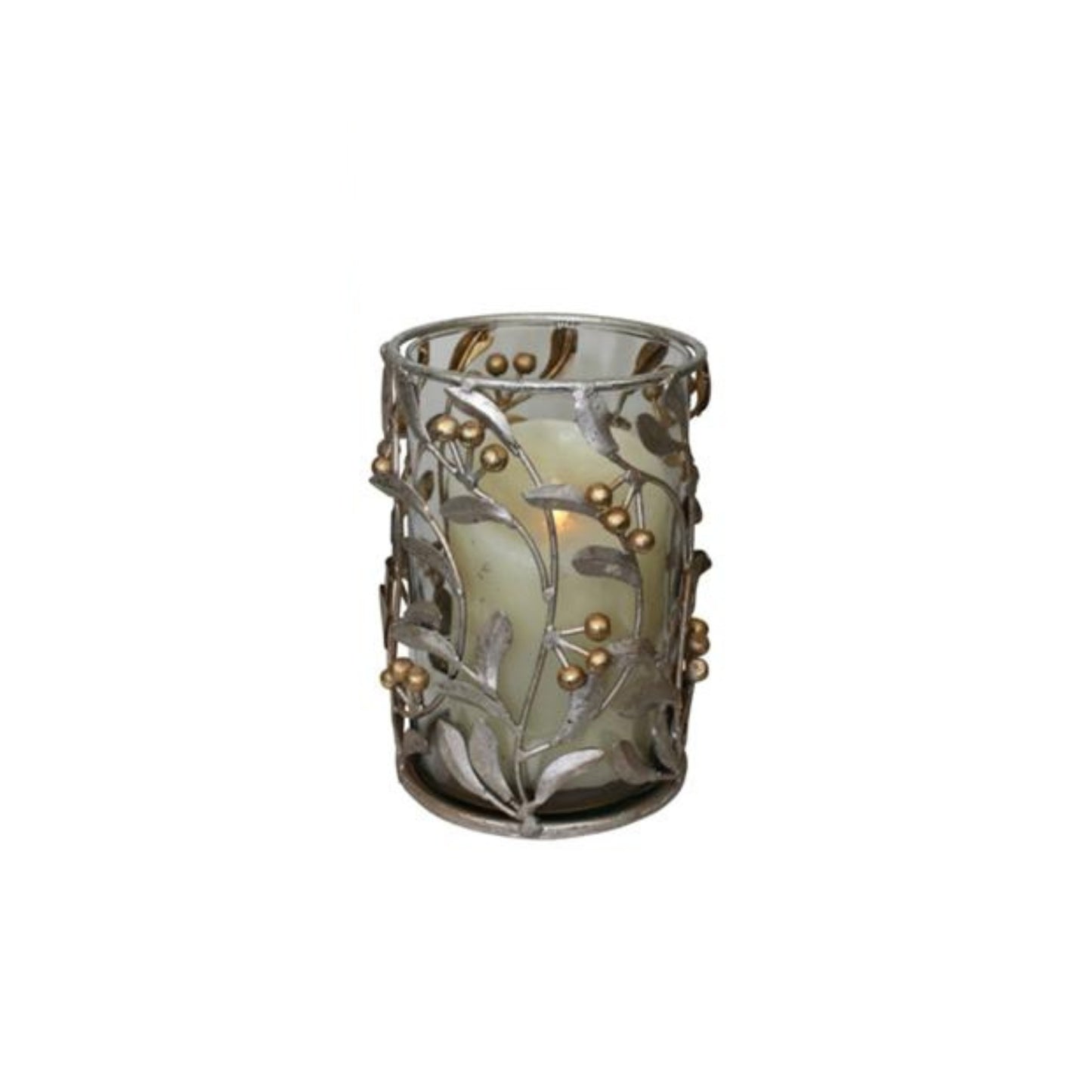 Leaf & Berry Accented Silver and Gold Iron & Glass Hurricane Candle Holders - 3 Sizes to Choose From - Small Shown | oak7west.com