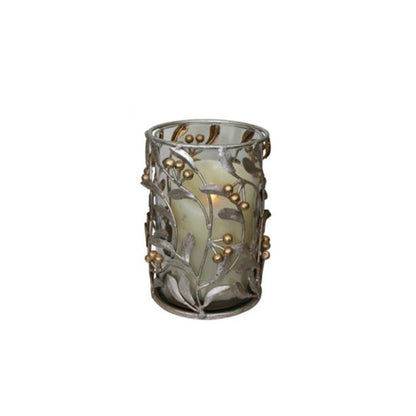 Leaf & Berry Accented Silver and Gold Iron & Glass Hurricane Candle Holders - 3 Sizes to Choose From - Small Shown | oak7west.com