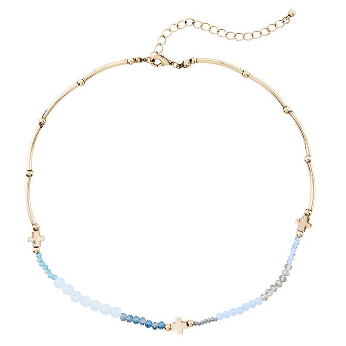 Emmanuel Collection - Cross Pendant 18"L Necklace with Blue Glass Beads | oak7west.com